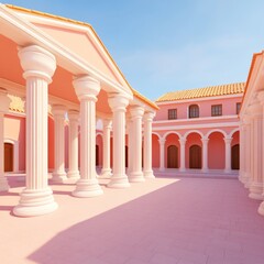 Fototapeta premium Pink classical courtyard with columns and arches under a sunny sky.