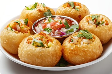 pani puri or gol gappay with raita, sweet sauce and spicy water served in dish isolated on table top view of indian and pakistani food