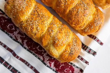 Romanian food. Traditional Romanian home made bread in Moldova. Concept photo for the delicious food of Romania.