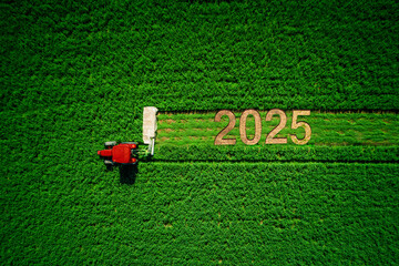 Happy new year 2025 agriculture background. Farming tractor mowing green field