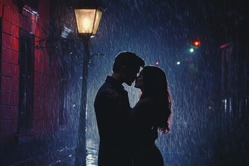 Silhouetted Couple Kissing in Rain at Night