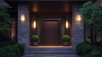 Modern Home Entrance at Night