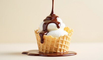 liquid dark chocolate is poured on vanilla ice cream in a waffle cup