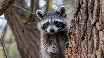 Fototapeta premium Curious Raccoon Peeking Behind Tree in Woodland Setting