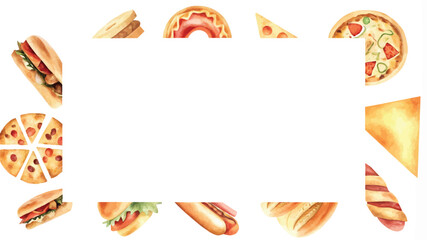 Naklejka premium Watercolor pizza frame isolated on white background. Hand drawn food illustration.