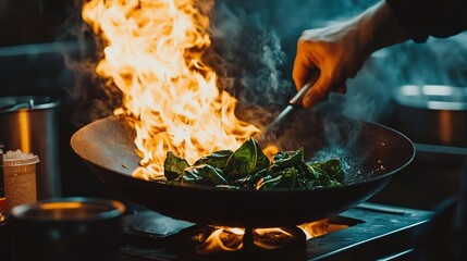 Stir fried basil being cooked in a wok over a high flame by a street vendor with vibrant ingredients like herbs and spices on the counter nearby  The dish is sizzling and smoking