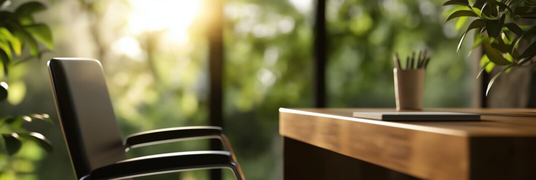 A serene workspace bathed in natural light with vibrant greenery, inspiring creativity and calmness, ideal for productive work or relaxation.