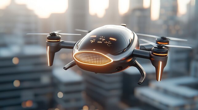 Innovative city logistics drones with glowing blockchain interface transforming urban delivery urban environment technology showcase aerial view futuristic concept