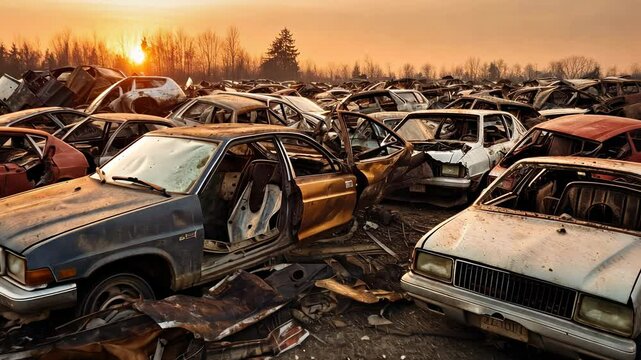 Car Dump With a Lot of Broken Used Cars. Stack of Scrapped and Wrecked Cars in a Junkyard. Recycling and Salvage Concept.
