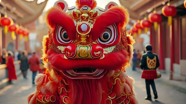 Chinese New Year, Lunar New Year celebration, Chinese traditional lion dance costume performance in a Chinese temple