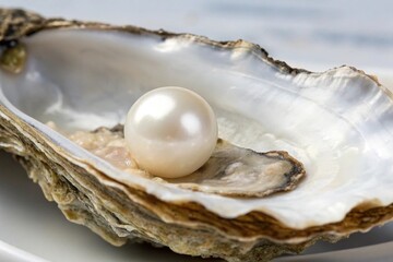 Close-up of a mature cultured pearl nestled in its oyster shell, luminous interior, ocean dweller, iridescent sheen