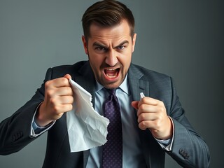  man in a suit and tie holding a napkin in his hand.