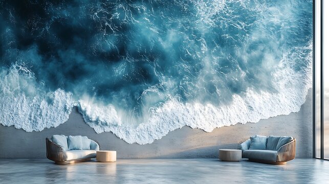Flowing blue sea waves meeting rough concrete backdrop modern artistic approach 3d rendering