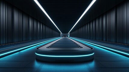 conveyor belt  Airport. A futuristic corridor illuminated by neon lights, featuring a central platform and sleek metallic walls, creating a sci-fi ambiance.