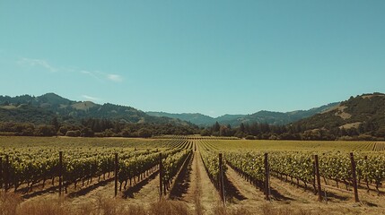 Fototapeta premium Stunning scenic view of a picturesque vineyard landscape with rows of lush green grapevines stretching into the distance under a clear blue sunny sky