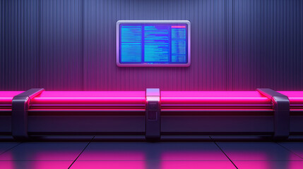 conveyor belt  Airport. A futuristic waiting area features vibrant pink lighting, sleek benches, and a digital display against a textured wall.
