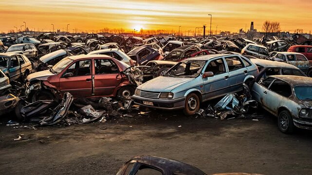 Car Dump With a Lot of Broken Used Cars. Stack of Scrapped and Wrecked Cars in a Junkyard. Recycling and Salvage Concept.
