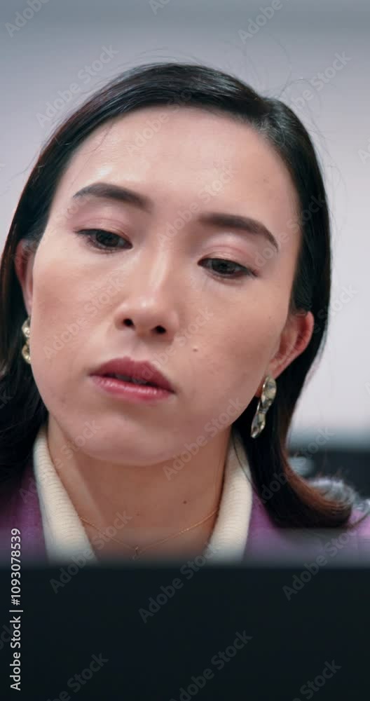 Poster computer, reading and business with japanese woman in office for project, communication and email. w