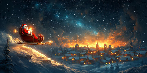 Obraz premium Santa riding his sleigh through a starry night sky over a snowy village, banner, background