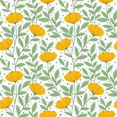 Summer floral print, climbing vine vintage vector repeat pattern, seamless repeating tile with hand drawn flower illustrations, on white background