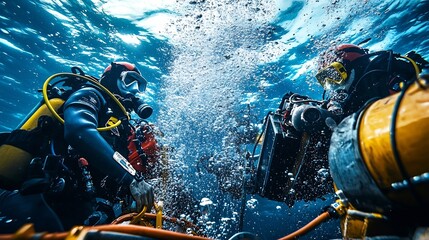 Fototapeta premium Team of Industrial Divers Inspecting and Maintaining Submerged Natural Gas Pipeline with Specialized Underwater Equipment and Bubbles Rising to the Surface