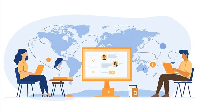 This flat design showcases the global connection and online education opportunities enabled by collaborative digital platforms and devices  The image depicts a world map with linked laptops  tablets