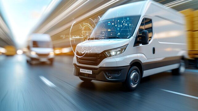 Efficient urban logistics delivery vans utilizing transparent holographic contracts city streets technology showcase fast-paced environment innovative solutions for future transport