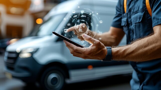 Innovative delivery van technology holographic contracts for seamless logistics urban streets digital interaction futuristic concept