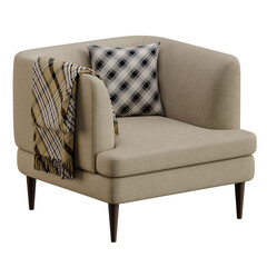 A chair with a blanket draped over the arm and a pillow on the back