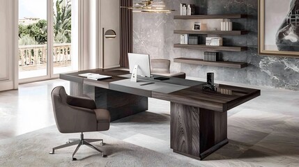 Versatile dual purpose desk set up with a modern and minimalist shelf for a productive and organized home office or study space