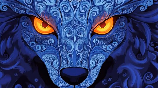 Mystical blue wolf with fiery orange eyes