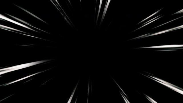 White anime speed lines seamless motion on black. Anime style radial comic speed lines. Flash action, velocity lines. Comic book, manga background. Moving with the speed of light. Fast light trails.