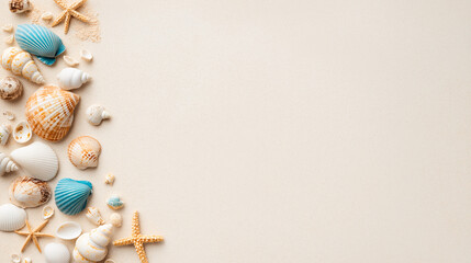 Seashells and Sand: A minimalist coastal border composed of seashells and starfish arranged along the left edge of a light beige background.  