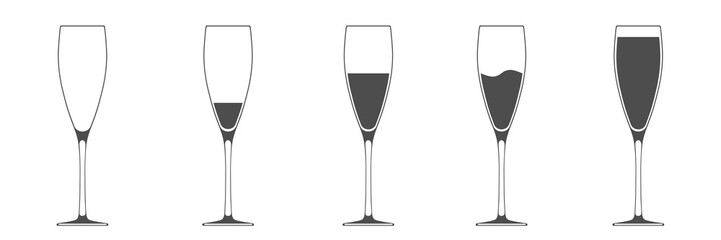 Set of glasses of wine from empty to full isolated on white background flat icon symbol.