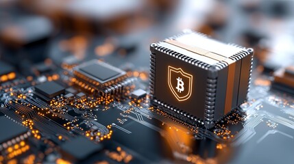 Blockchain token visualization on digital circuit board technology sector graphic content futuristic environment close-up view cryptocurrency concept