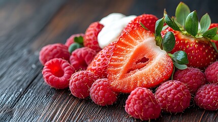 A vibrant display of ripe red strawberries and juicy raspberries, glistening under the soft light on a rustic wooden table, enticing anyone nearby with their fresh and delicious aroma.
