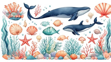 Obraz premium Hand-drawn marine-themed elements like fish, seaweed, and seashells, perfect for summer, isolated on white. 