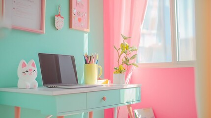 Vibrant and Inviting Pastel Toned Workspace with a Ceramic Cat Shaped Mug Laptop and Neatly Arranged Decor Elements