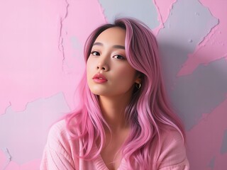  woman with pink hair and earrings leaning against a pink wall.