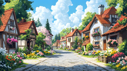 Obraz premium A vintage postcard-style illustration of a spring village, with cobblestone streets, quaint cottages, and colorful window boxes brimming with fresh flowers.