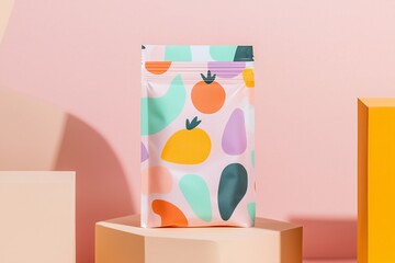 ziplock pouch packages doypack with muted color fruit and abstract shape print standing on geometric muted color cubes