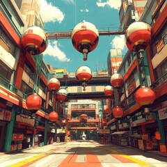 Vibrant city street with unique hanging lanterns, bright architecture, and sunny sky.
