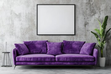 Minimalist Living Room Interior with Violet Sofa and Concrete Wall Mock Up Poster Frame