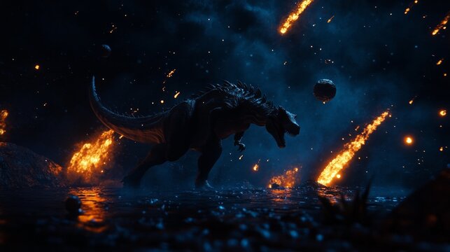 a dinosaur running away from comets falling down in the background, Cinematic Lighting, Cinematic, hyper detailed, hyper realistic, AI Generative