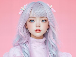  girl with pastel blue hair and pink sweater.