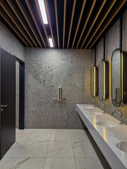 interior of public restroom with modern hand dryer