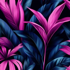 Vibrant pink and blue tropical leaves seamless pattern.