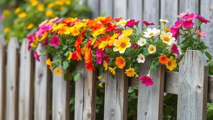 Colorful flowers in full bloom on a rustic wooden fence, colorful blooms, natural setting