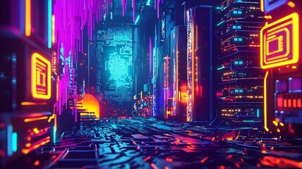 Vibrant Digital Crypto Mining Metropolis with Futuristic Neon Lights and Cityscape  Surreal 3D of a futuristic city skyline with layered digital effects glitchy textures