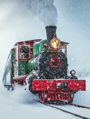 Festive Steam Train in Winter Wonderland - A charming red and green steam locomotive chugs through a snowy Christmas scene, embodying nostalgia, winter magic, travel, tradition, and joy.
